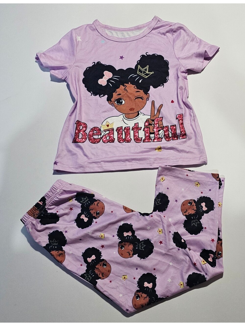 Girls Beautiful Pajama Set Pink Short Sleeve Top and Pants Size 110 4T/5T